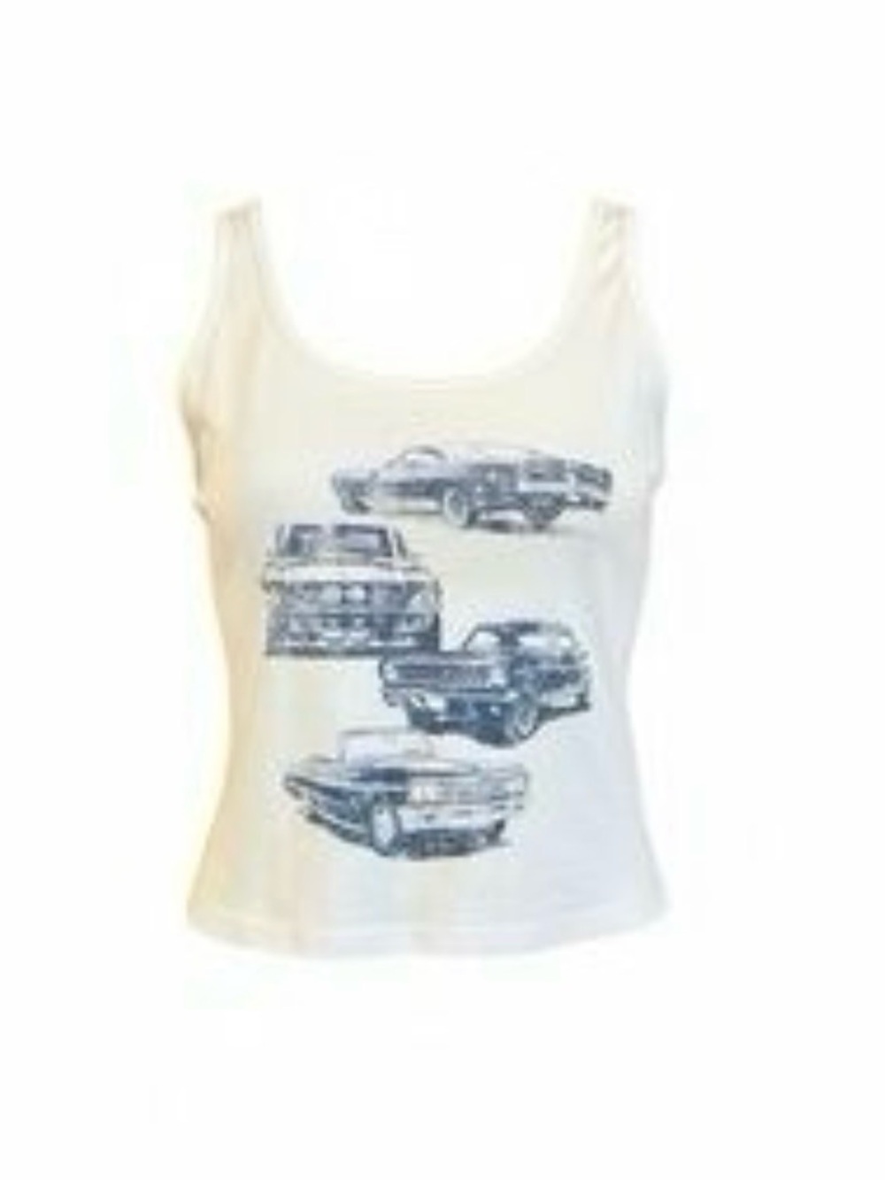 M Social Scene Cream Beige Tank Top with Navy Car Graphic Juniors Women’s Summer